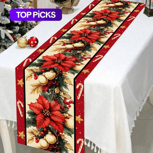 Christmas Table Runner 30X180 Cm, Light Base with Block Edges, Santa Snowman Elf Designs, Festive Holiday Decor