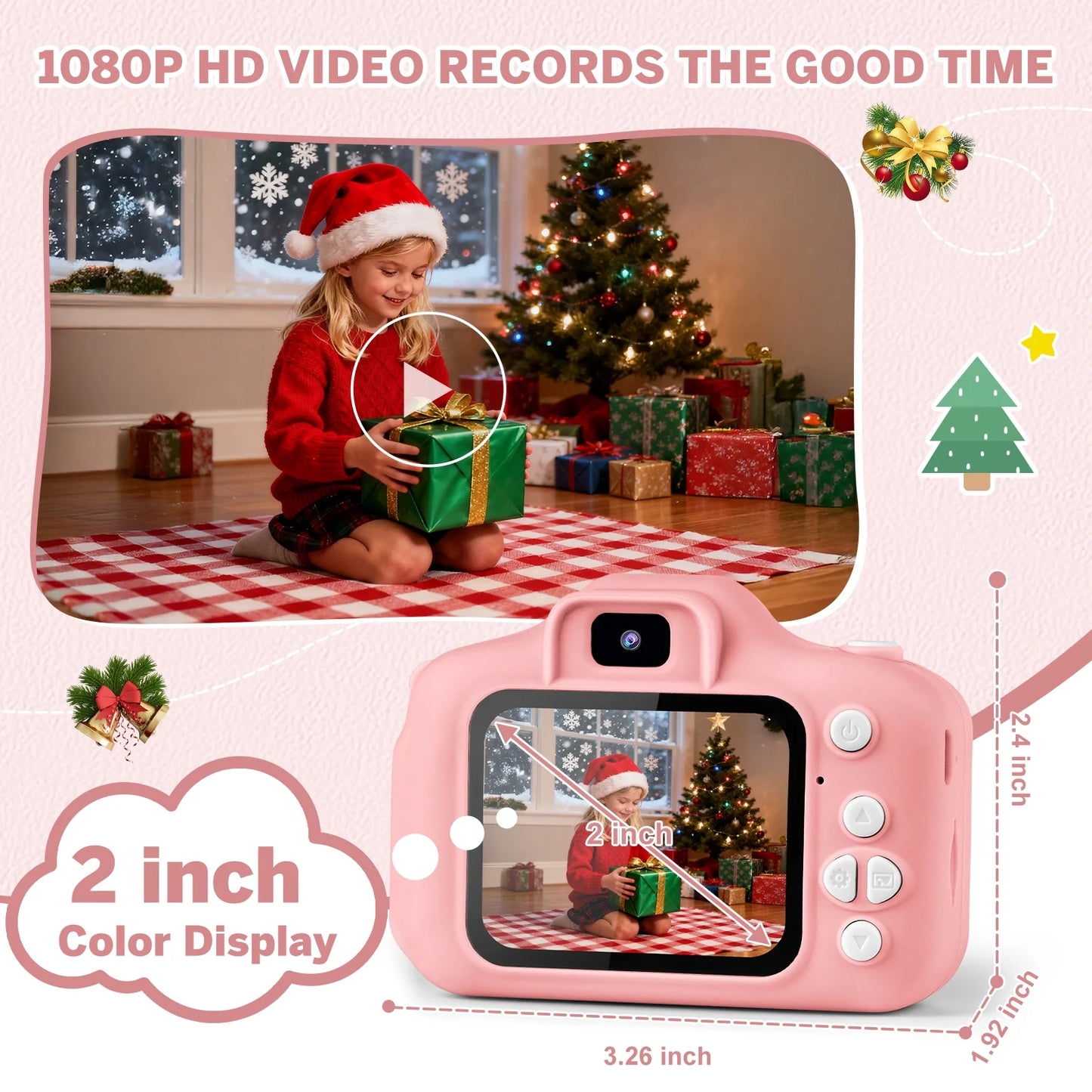 Kids Camera for Girls Boys 32GB 1080HD Selfie Digital Cameras Video Toddler Toys Christmas Birthday Gift Age 3-10, Pink