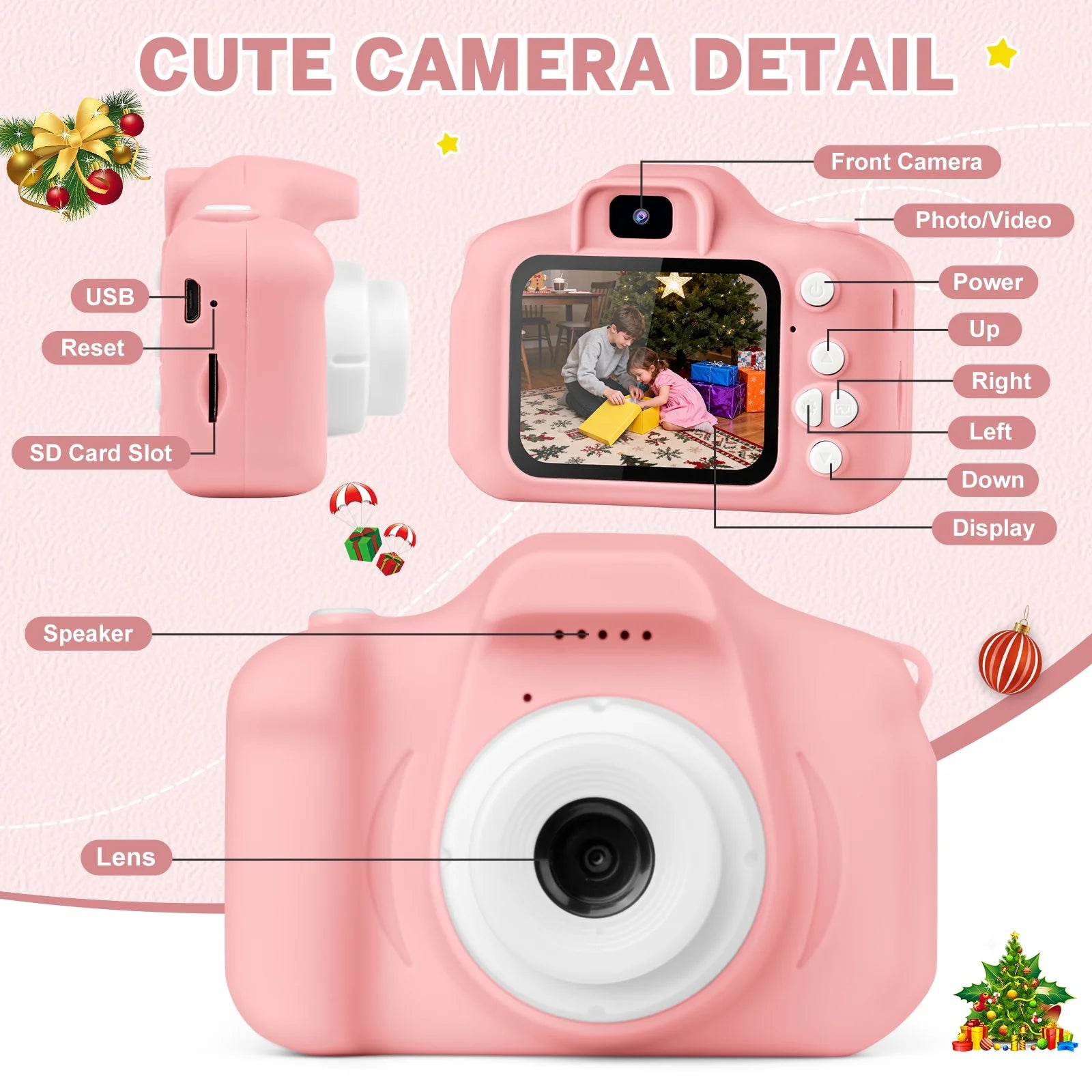 Kids Camera for Girls Boys 32GB 1080HD Selfie Digital Cameras Video Toddler Toys Christmas Birthday Gift Age 3-10, Pink