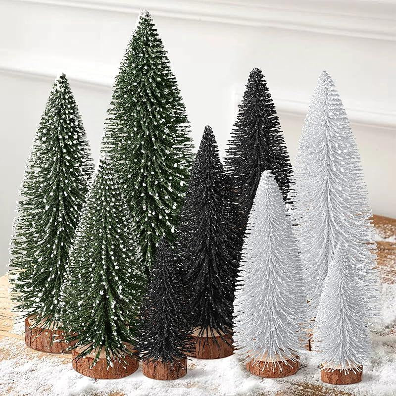 9Pcs Mini Christmas Trees Christmas Decor Artificial Christmas Decorations with 4 Sizes, Christmas Tree Bottle Brush Trees Christmas Table Decorations (Green Silver)