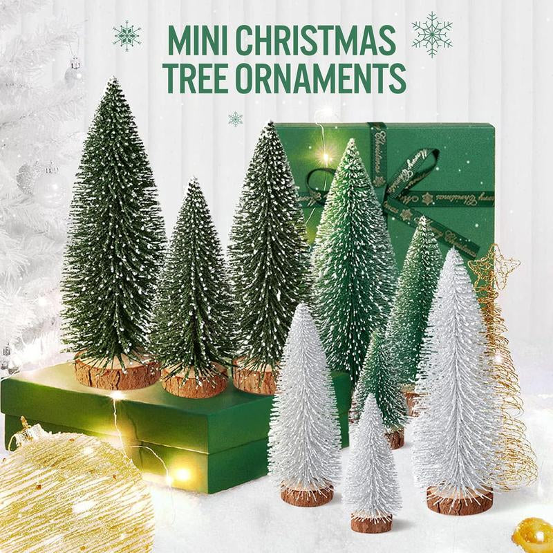 9Pcs Mini Christmas Trees Christmas Decor Artificial Christmas Decorations with 4 Sizes, Christmas Tree Bottle Brush Trees Christmas Table Decorations (Green Silver)