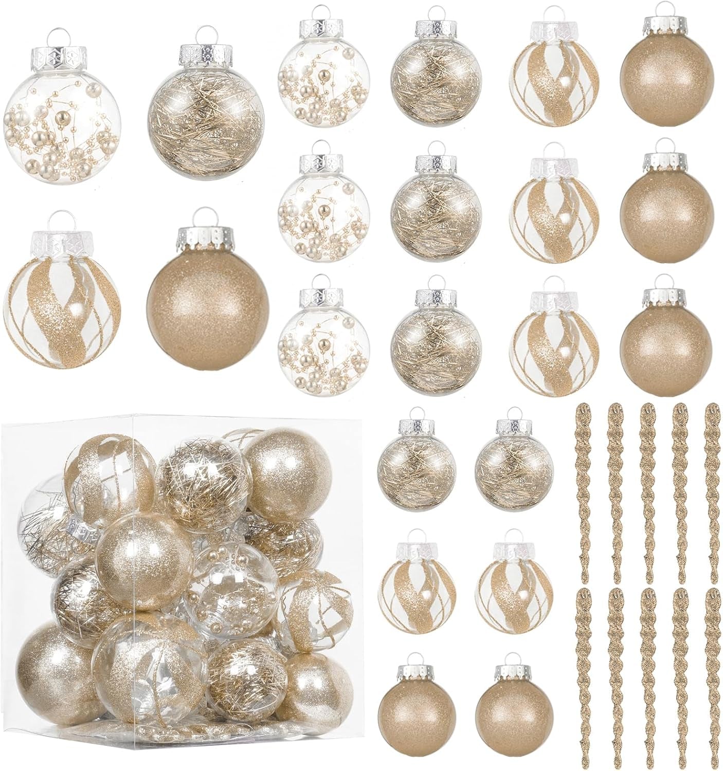 32Ct Christmas Ball Ornaments Set -Champagne Clear Plastic Shatterproof Xmas Tree Ball Decorations Hanging Baubles for Holiday Decor
