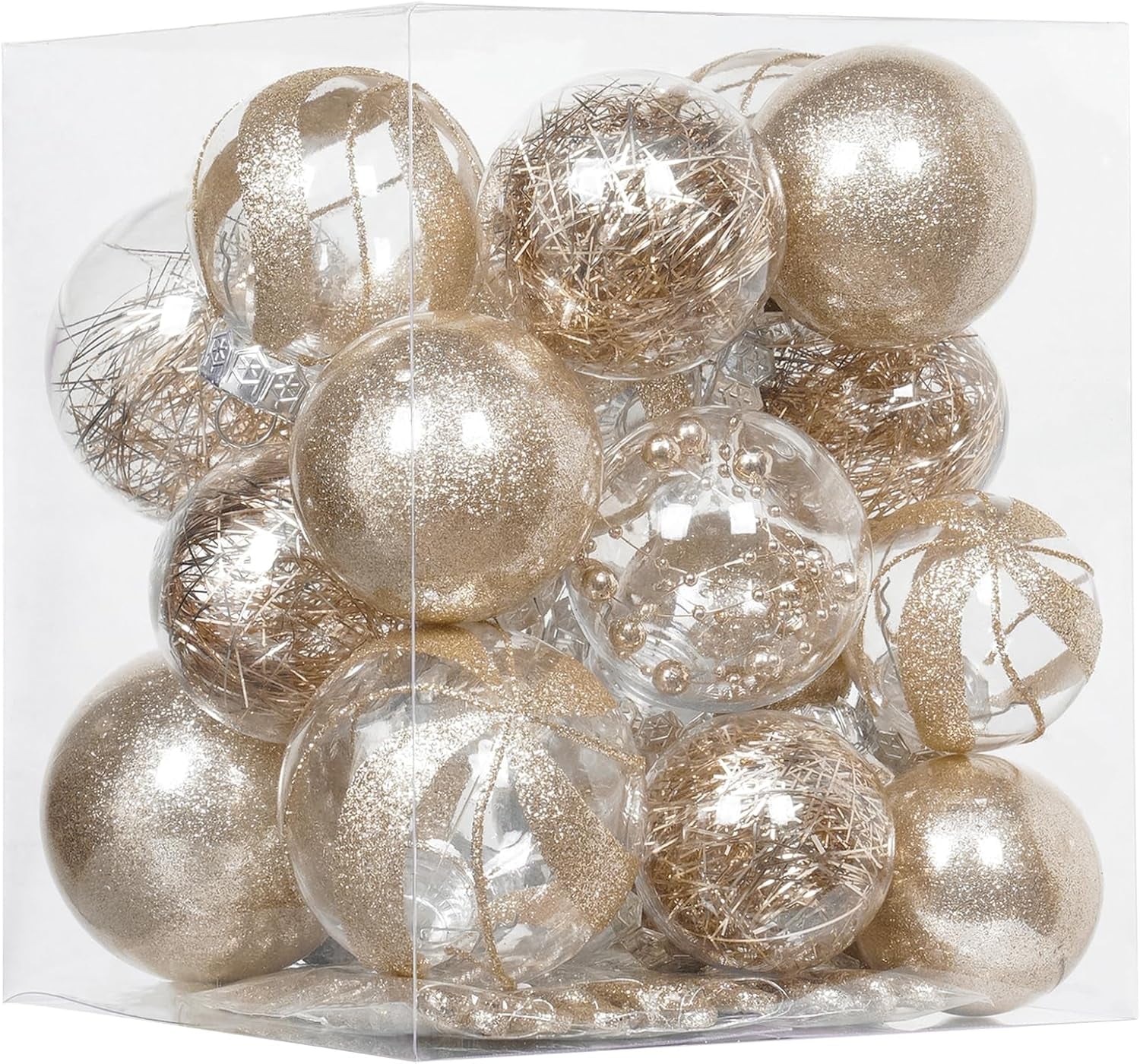 32Ct Christmas Ball Ornaments Set -Champagne Clear Plastic Shatterproof Xmas Tree Ball Decorations Hanging Baubles for Holiday Decor