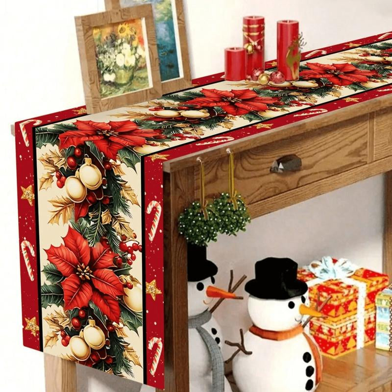 Christmas Table Runner 30X180 Cm, Light Base with Block Edges, Santa Snowman Elf Designs, Festive Holiday Decor