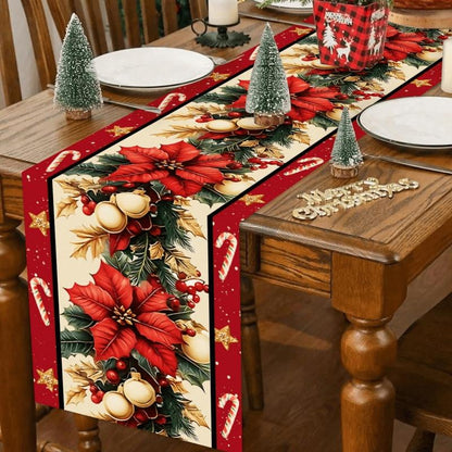 Christmas Table Runner 30X180 Cm, Light Base with Block Edges, Santa Snowman Elf Designs, Festive Holiday Decor
