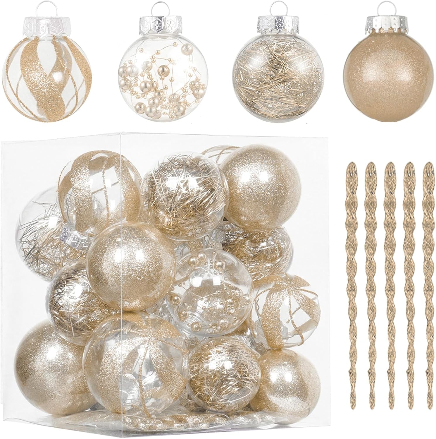 32Ct Christmas Ball Ornaments Set -Champagne Clear Plastic Shatterproof Xmas Tree Ball Decorations Hanging Baubles for Holiday Decor