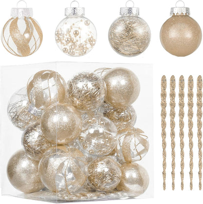 32Ct Christmas Ball Ornaments Set -Champagne Clear Plastic Shatterproof Xmas Tree Ball Decorations Hanging Baubles for Holiday Decor