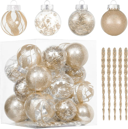 32Ct Christmas Ball Ornaments Set -Champagne Clear Plastic Shatterproof Xmas Tree Ball Decorations Hanging Baubles for Holiday Decor