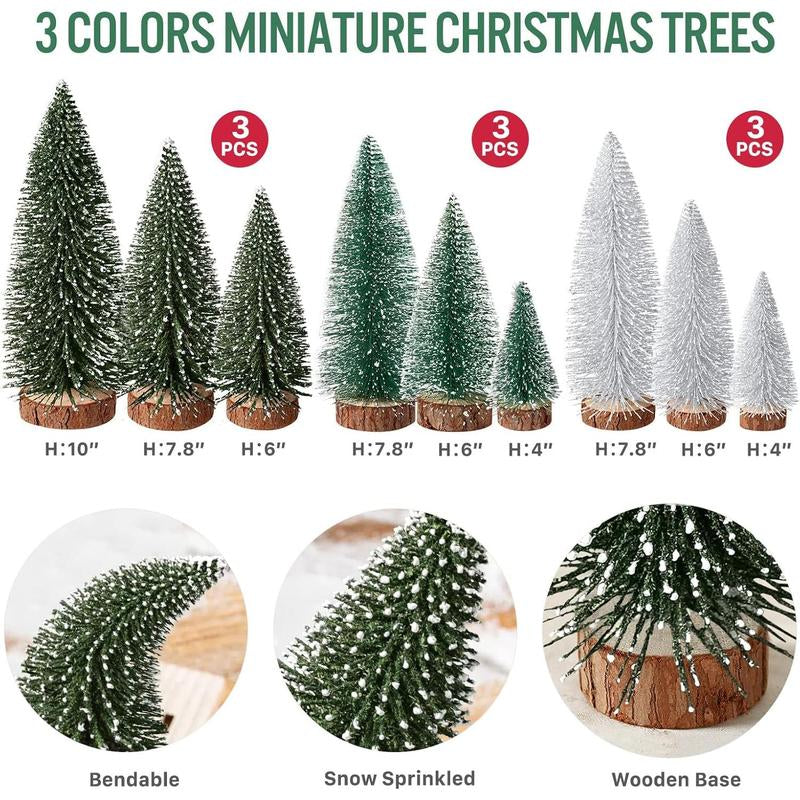 9Pcs Mini Christmas Trees Christmas Decor Artificial Christmas Decorations with 4 Sizes, Christmas Tree Bottle Brush Trees Christmas Table Decorations (Green Silver)