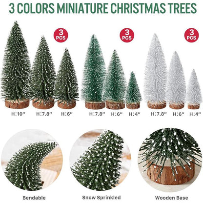 9Pcs Mini Christmas Trees Christmas Decor Artificial Christmas Decorations with 4 Sizes, Christmas Tree Bottle Brush Trees Christmas Table Decorations (Green Silver)