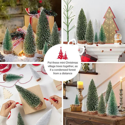 9Pcs Mini Christmas Trees Christmas Decor Artificial Christmas Decorations with 4 Sizes, Christmas Tree Bottle Brush Trees Christmas Table Decorations (Green Silver)