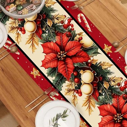 Christmas Table Runner 30X180 Cm, Light Base with Block Edges, Santa Snowman Elf Designs, Festive Holiday Decor