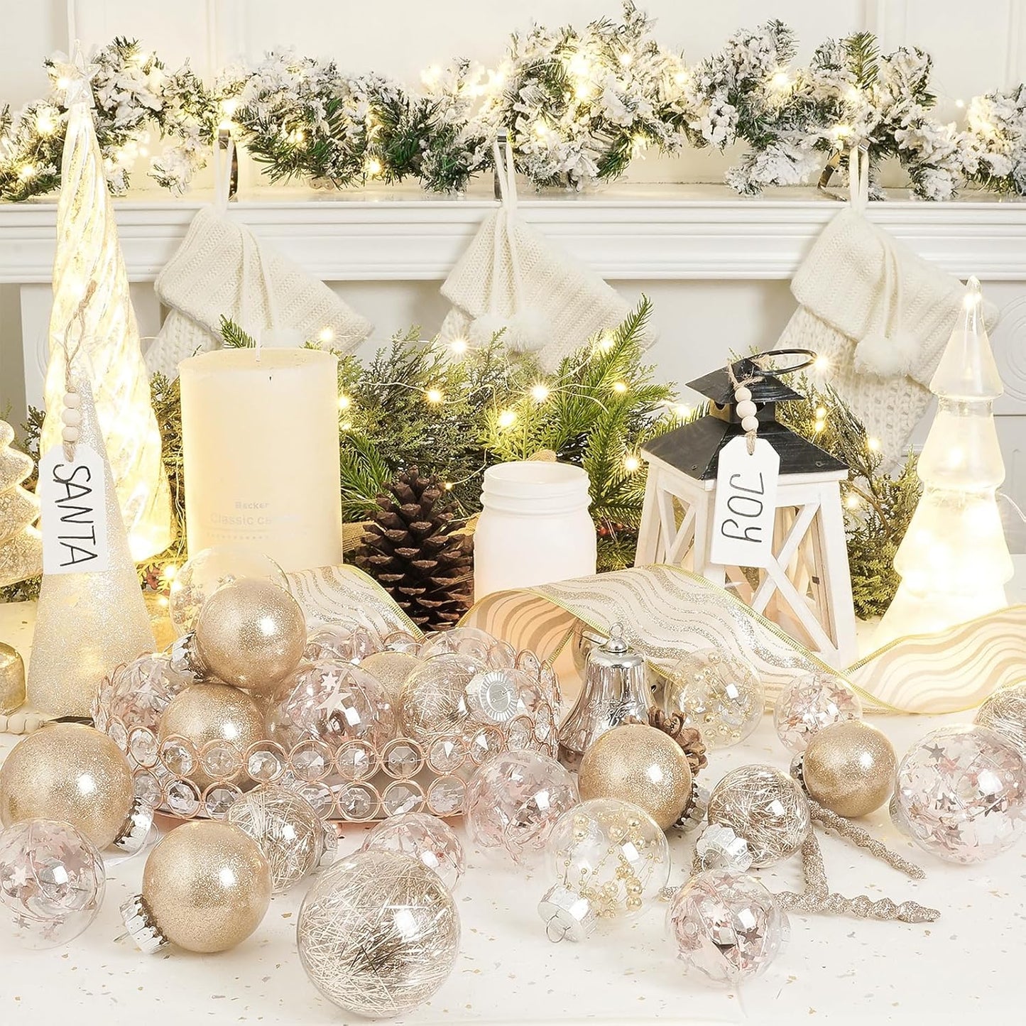 32Ct Christmas Ball Ornaments Set -Champagne Clear Plastic Shatterproof Xmas Tree Ball Decorations Hanging Baubles for Holiday Decor