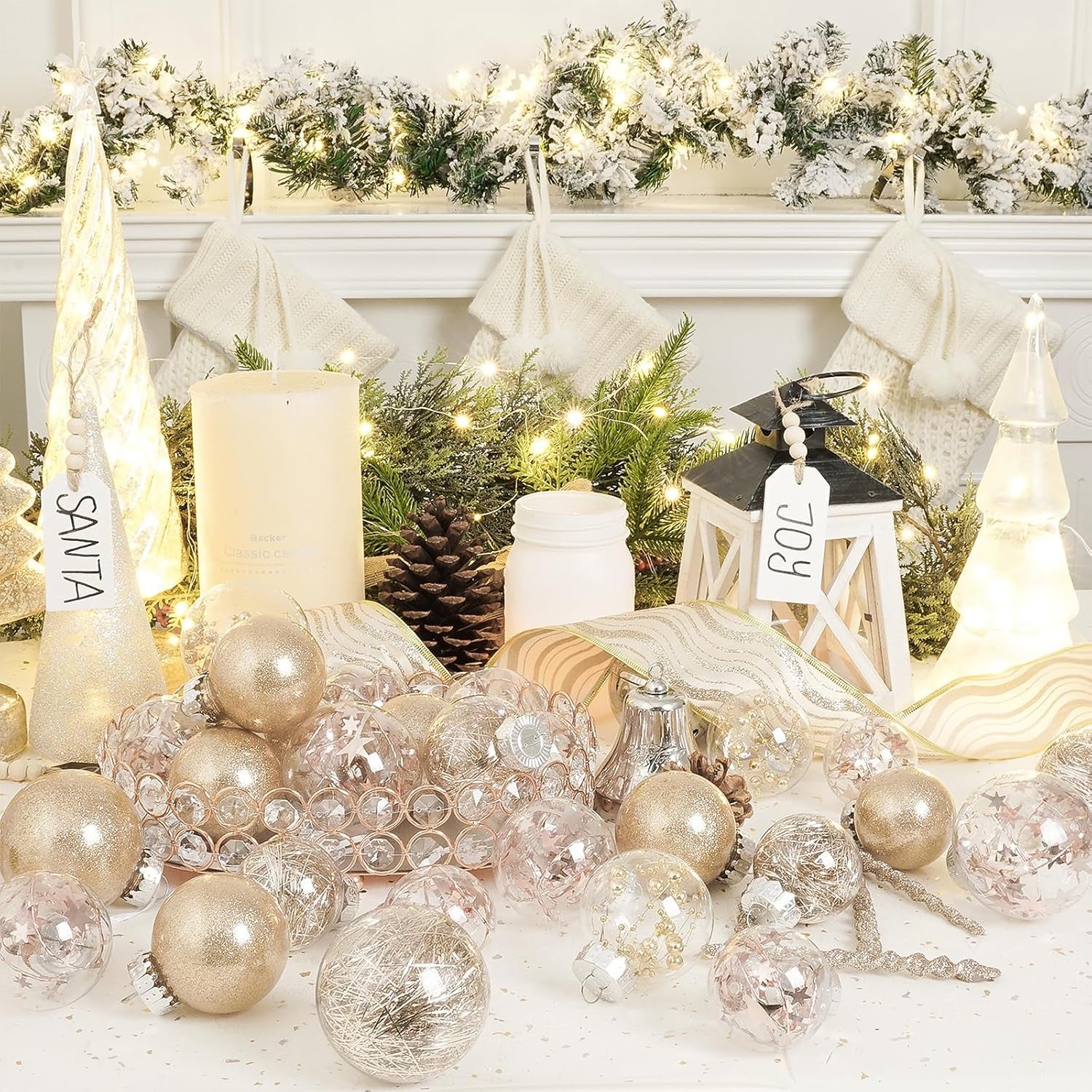 32Ct Christmas Ball Ornaments Set -Champagne Clear Plastic Shatterproof Xmas Tree Ball Decorations Hanging Baubles for Holiday Decor