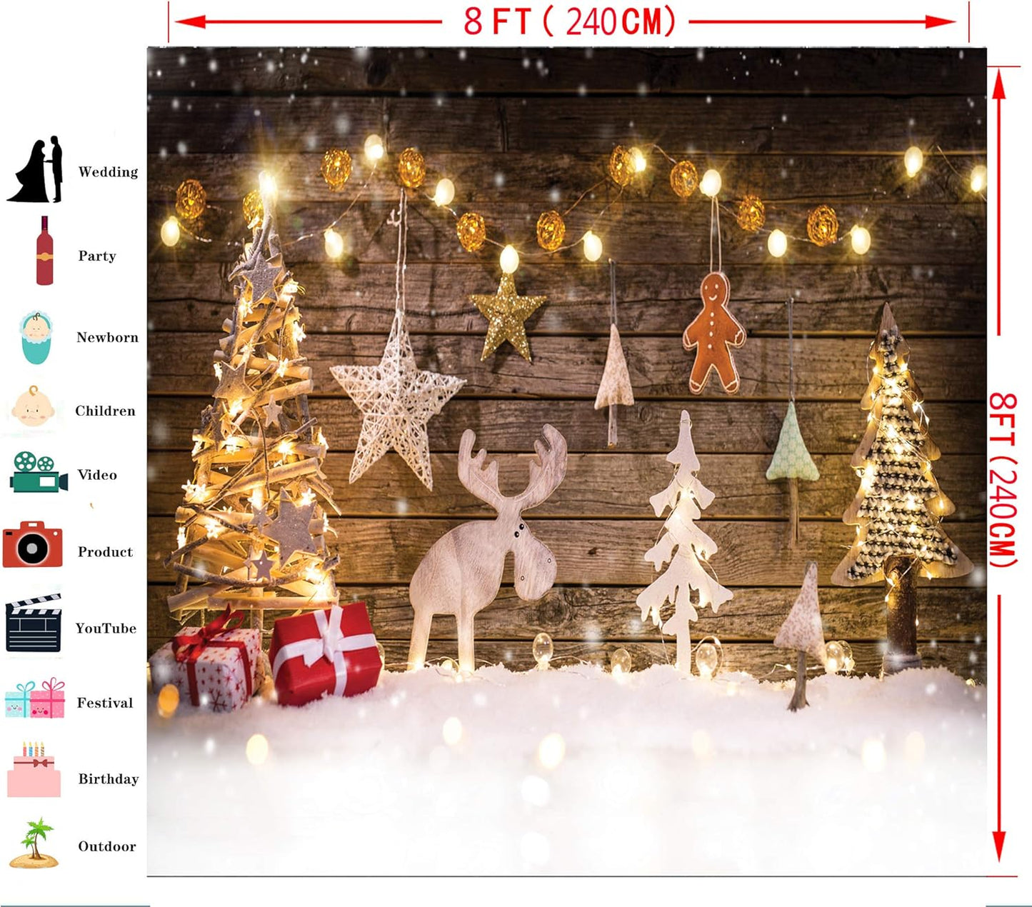 8X8Ft Christmas Backdrops Winter Snow Photography Back Drop Christmas Deer Bokeh Stars Backgrounds Holiday Children Photo Professional Photography Studiod215