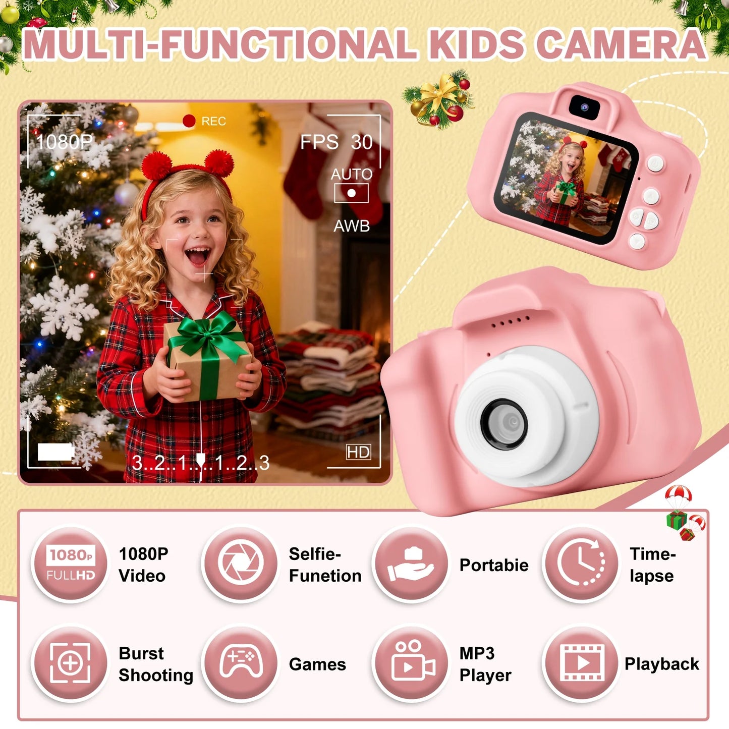 Kids Camera for Girls Boys 32GB 1080HD Selfie Digital Cameras Video Toddler Toys Christmas Birthday Gift Age 3-10, Pink