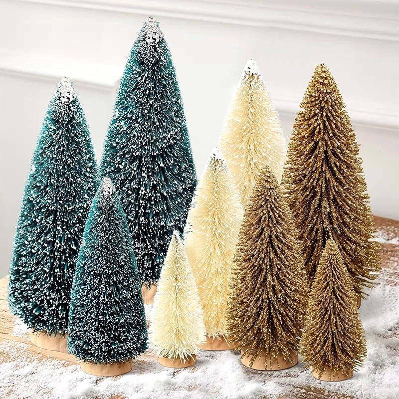9Pcs Mini Christmas Trees Christmas Decor Artificial Christmas Decorations with 4 Sizes, Christmas Tree Bottle Brush Trees Christmas Table Decorations (Green Silver)