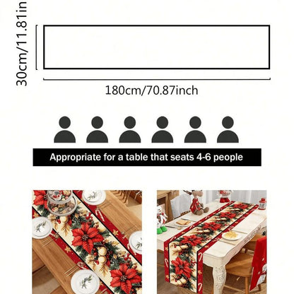 Christmas Table Runner 30X180 Cm, Light Base with Block Edges, Santa Snowman Elf Designs, Festive Holiday Decor
