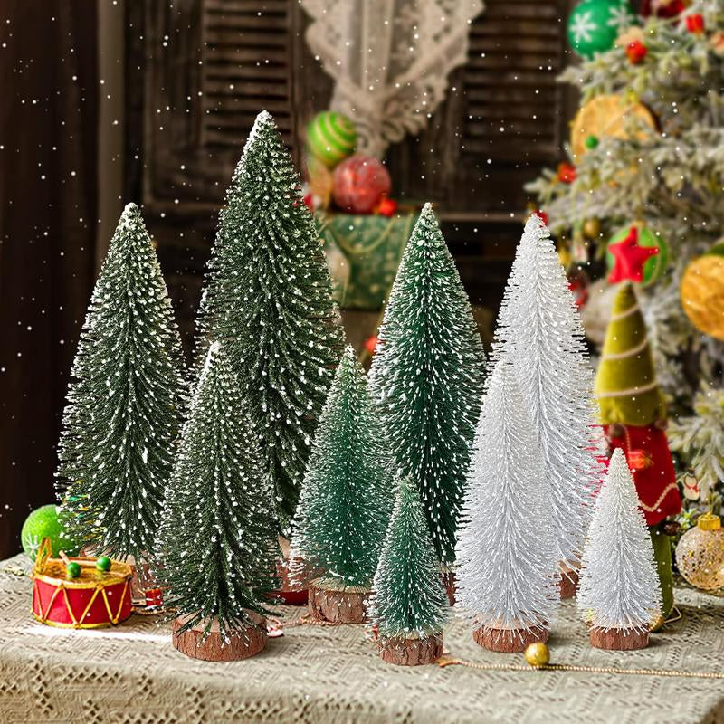 9Pcs Mini Christmas Trees Christmas Decor Artificial Christmas Decorations with 4 Sizes, Christmas Tree Bottle Brush Trees Christmas Table Decorations (Green Silver)