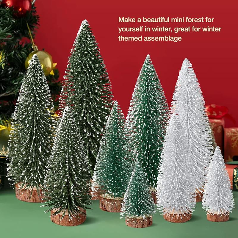 9Pcs Mini Christmas Trees Christmas Decor Artificial Christmas Decorations with 4 Sizes, Christmas Tree Bottle Brush Trees Christmas Table Decorations (Green Silver)