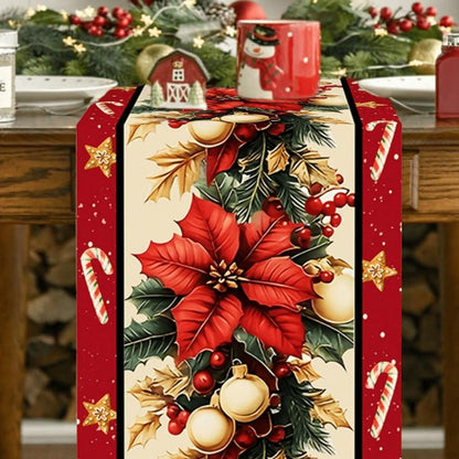 Christmas Table Runner 30X180 Cm, Light Base with Block Edges, Santa Snowman Elf Designs, Festive Holiday Decor