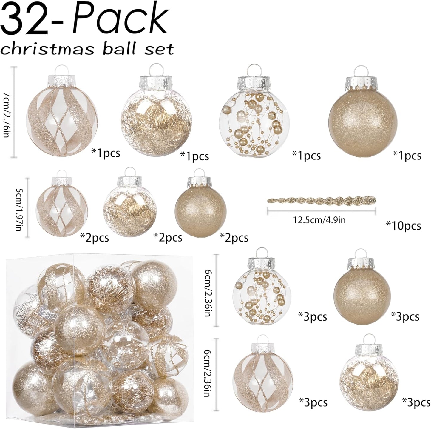 32Ct Christmas Ball Ornaments Set -Champagne Clear Plastic Shatterproof Xmas Tree Ball Decorations Hanging Baubles for Holiday Decor