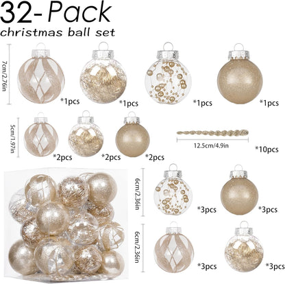 32Ct Christmas Ball Ornaments Set -Champagne Clear Plastic Shatterproof Xmas Tree Ball Decorations Hanging Baubles for Holiday Decor
