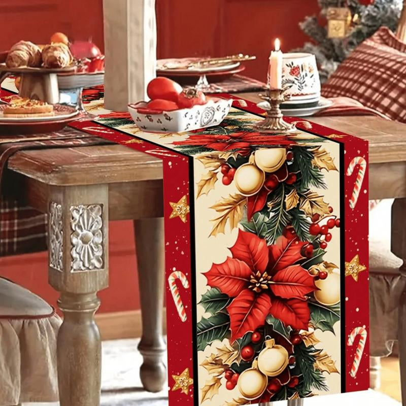 Christmas Table Runner 30X180 Cm, Light Base with Block Edges, Santa Snowman Elf Designs, Festive Holiday Decor