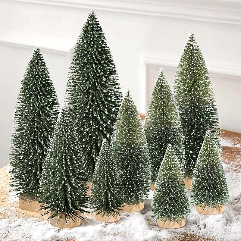 9Pcs Mini Christmas Trees Christmas Decor Artificial Christmas Decorations with 4 Sizes, Christmas Tree Bottle Brush Trees Christmas Table Decorations (Green Silver)